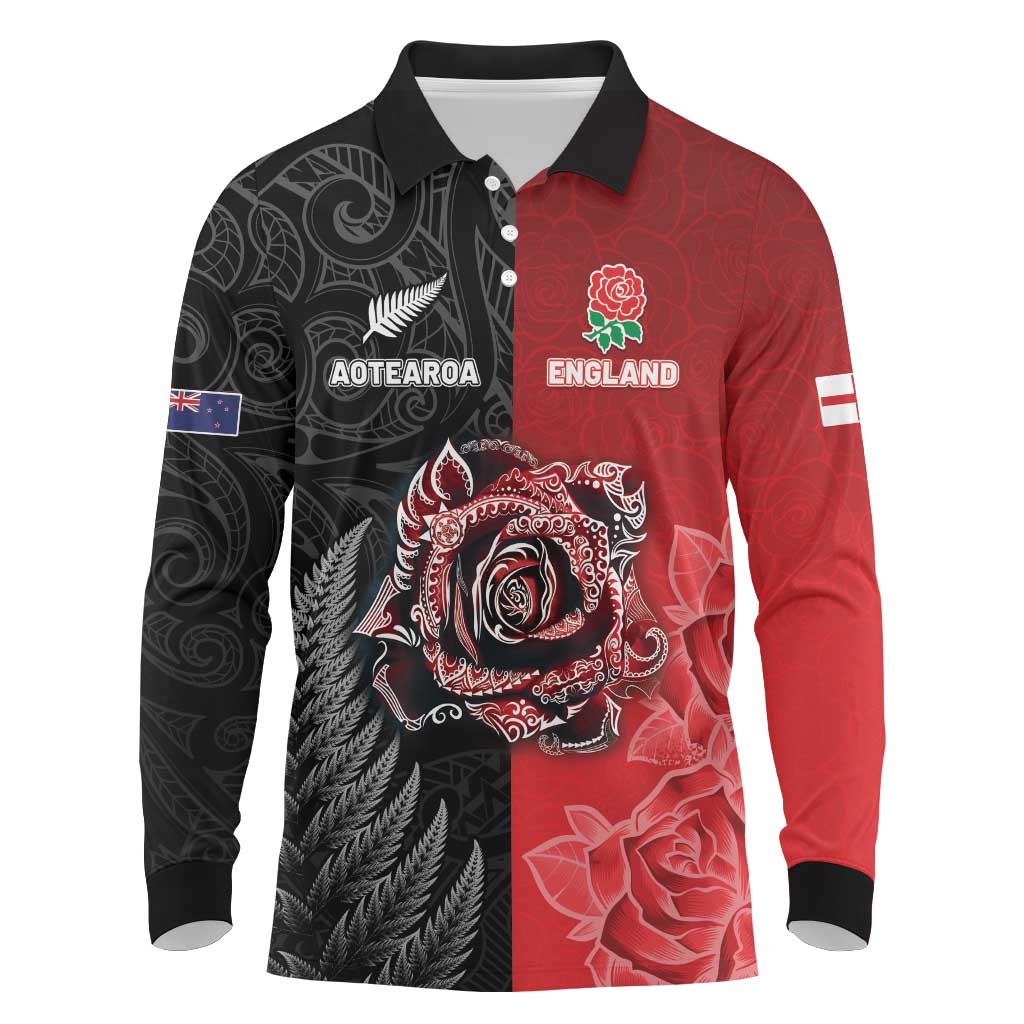 New Zealand And England Rugby Custom Long Sleeve Polo Shirt Red Rose Mix Maori Pattern - Wonder Print Shop