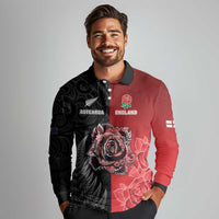New Zealand And England Rugby Custom Long Sleeve Polo Shirt Red Rose Mix Maori Pattern - Wonder Print Shop