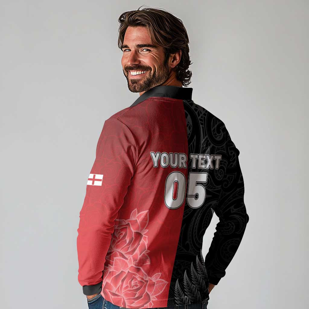 New Zealand And England Rugby Custom Long Sleeve Polo Shirt Red Rose Mix Maori Pattern - Wonder Print Shop