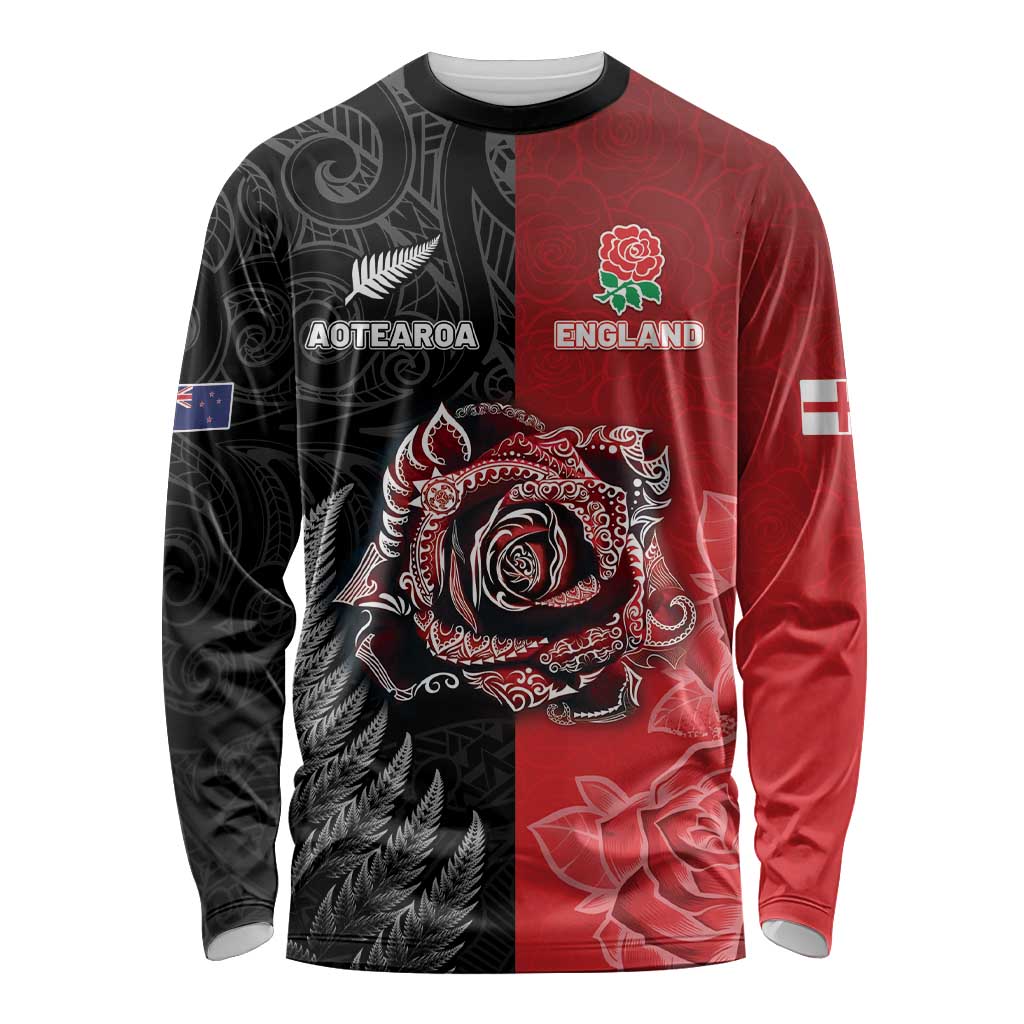 New Zealand And England Rugby Custom Long Sleeve Shirt Red Rose Mix Maori Pattern - Wonder Print Shop