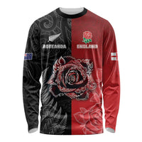 New Zealand And England Rugby Custom Long Sleeve Shirt Red Rose Mix Maori Pattern - Wonder Print Shop