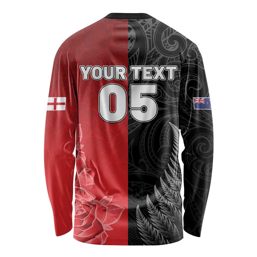 New Zealand And England Rugby Custom Long Sleeve Shirt Red Rose Mix Maori Pattern - Wonder Print Shop