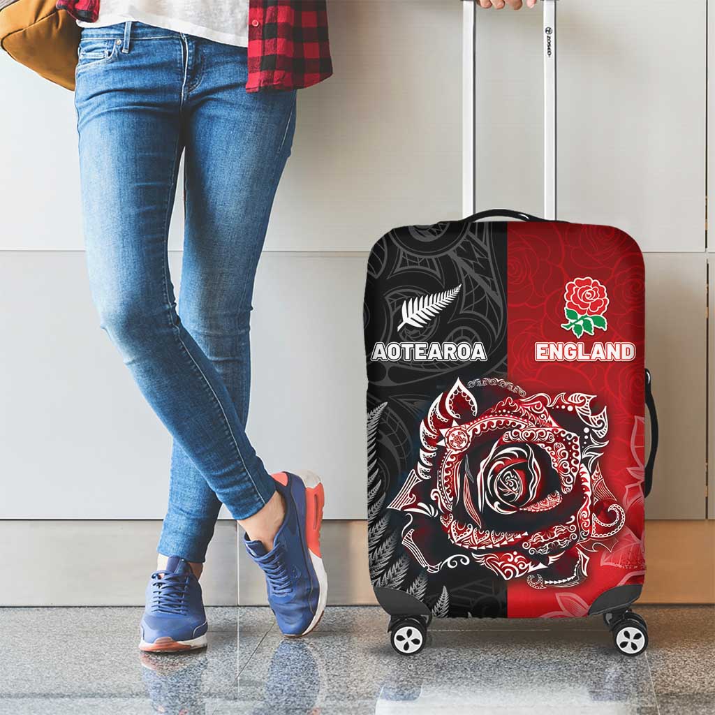 New Zealand And England Rugby Luggage Cover Red Rose Mix Maori Pattern - Wonder Print Shop