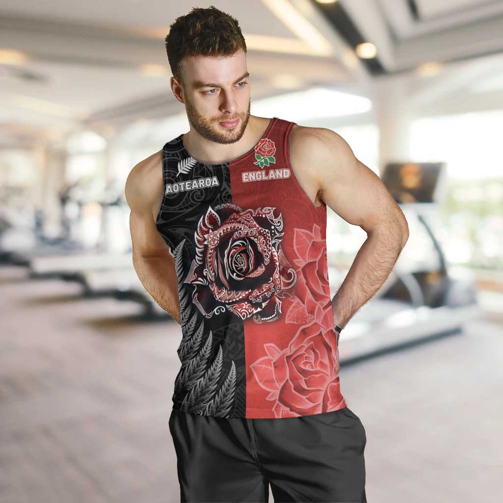 New Zealand And England Rugby Custom Men Tank Top Red Rose Mix Maori Pattern - Wonder Print Shop