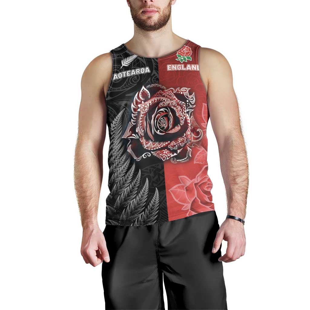 New Zealand And England Rugby Custom Men Tank Top Red Rose Mix Maori Pattern - Wonder Print Shop