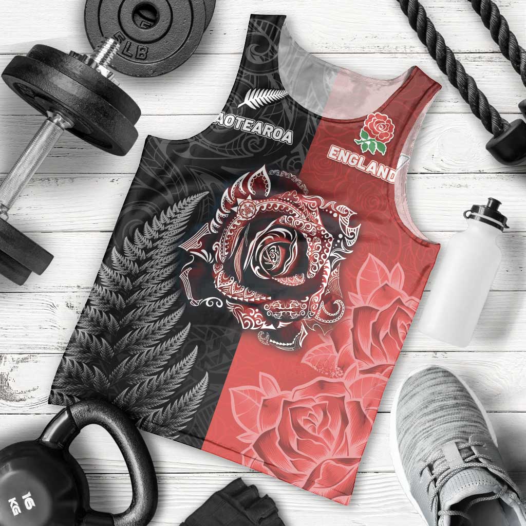 New Zealand And England Rugby Custom Men Tank Top Red Rose Mix Maori Pattern - Wonder Print Shop