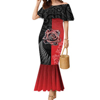 New Zealand And England Rugby Custom Mermaid Dress Red Rose Mix Maori Pattern - Wonder Print Shop