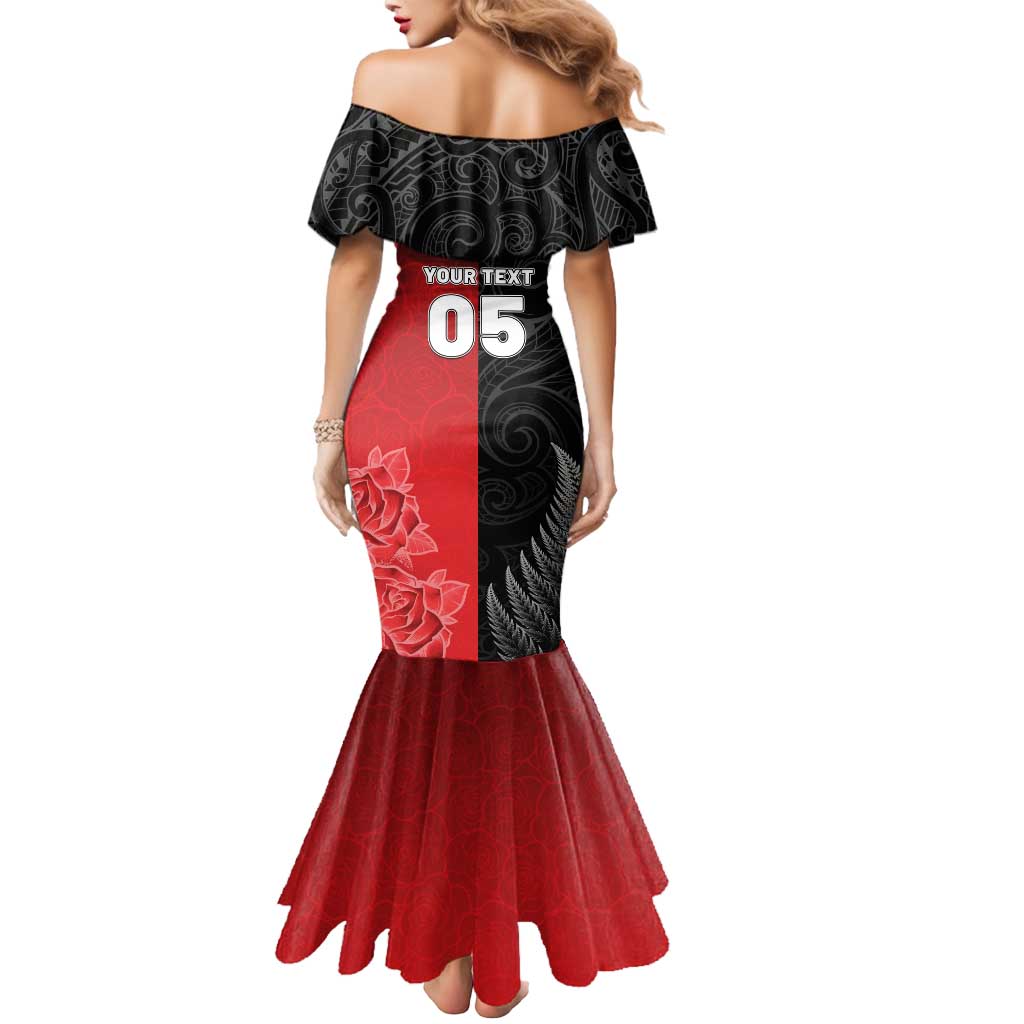 New Zealand And England Rugby Custom Mermaid Dress Red Rose Mix Maori Pattern - Wonder Print Shop