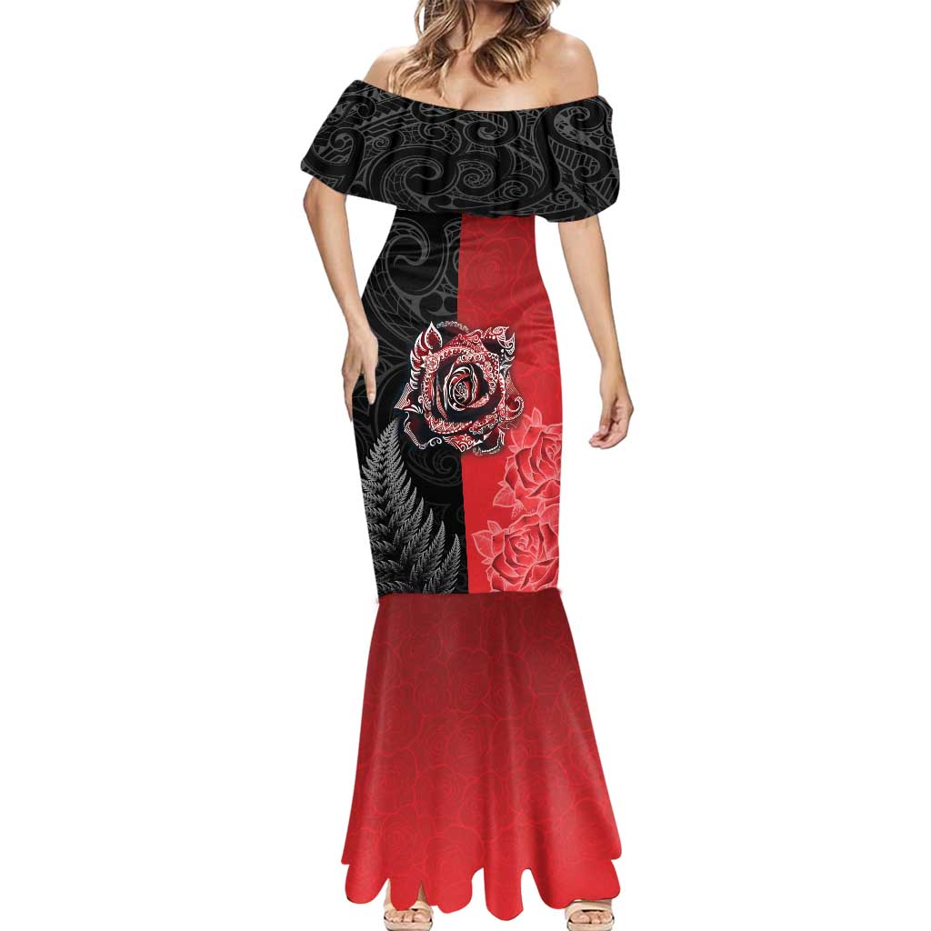 New Zealand And England Rugby Custom Mermaid Dress Red Rose Mix Maori Pattern - Wonder Print Shop