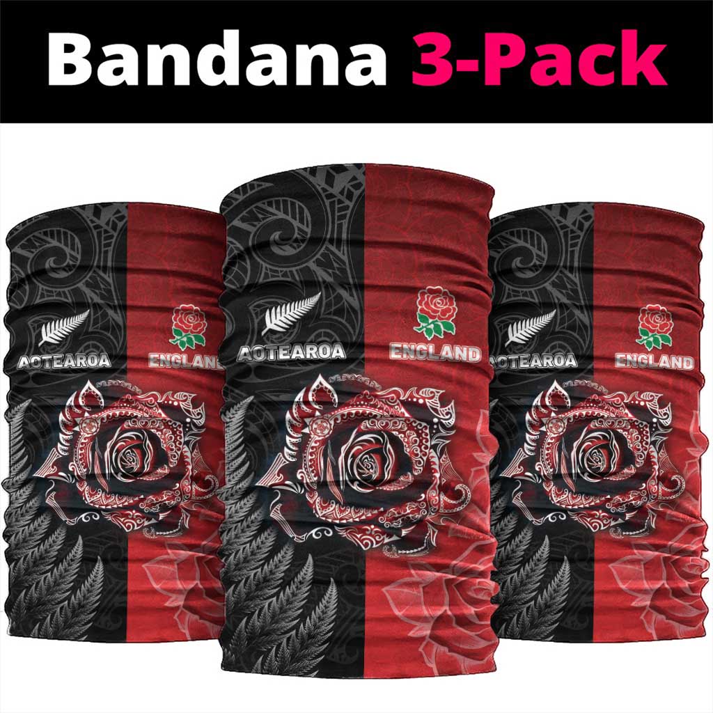New Zealand And England Rugby Neck Gaiter Red Rose Mix Maori Pattern - Wonder Print Shop