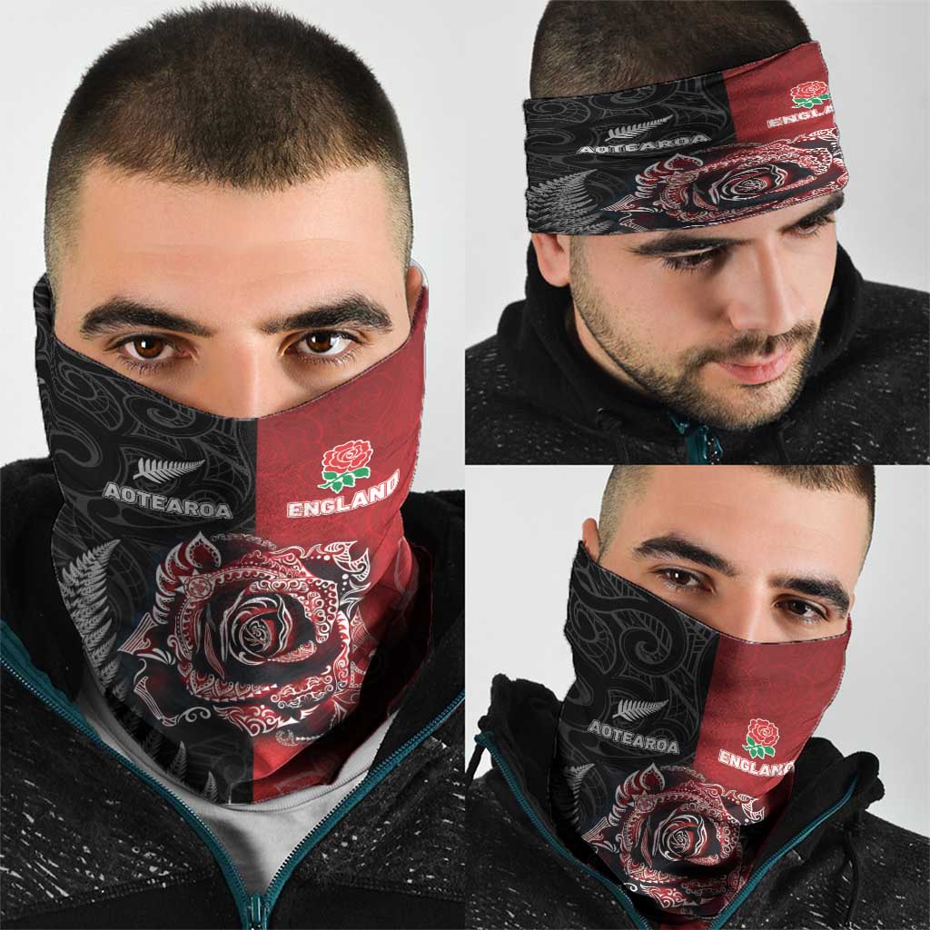 New Zealand And England Rugby Neck Gaiter Red Rose Mix Maori Pattern - Wonder Print Shop
