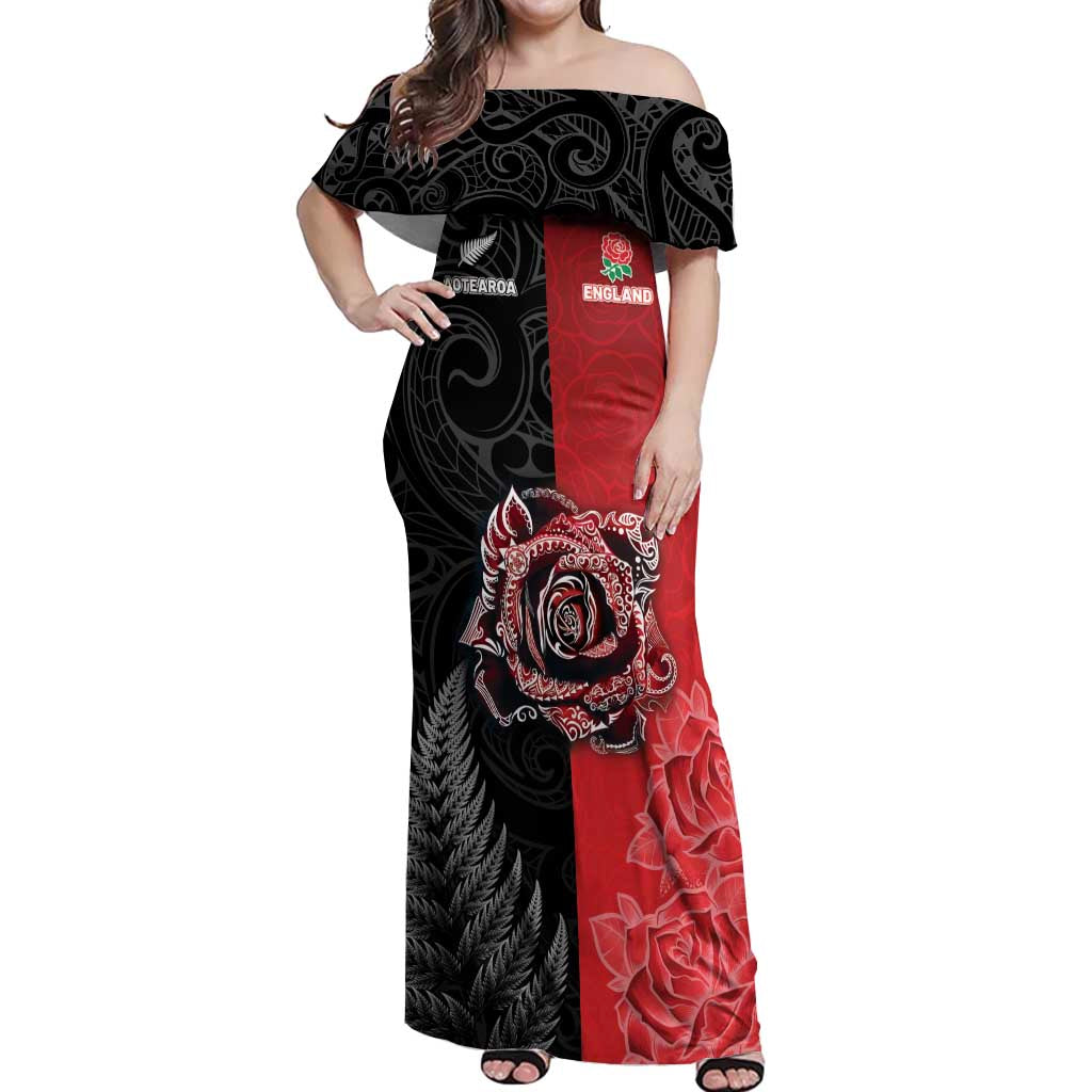 New Zealand And England Rugby Custom Off Shoulder Maxi Dress Red Rose Mix Maori Pattern - Wonder Print Shop