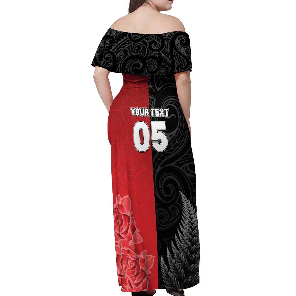 New Zealand And England Rugby Custom Off Shoulder Maxi Dress Red Rose Mix Maori Pattern - Wonder Print Shop
