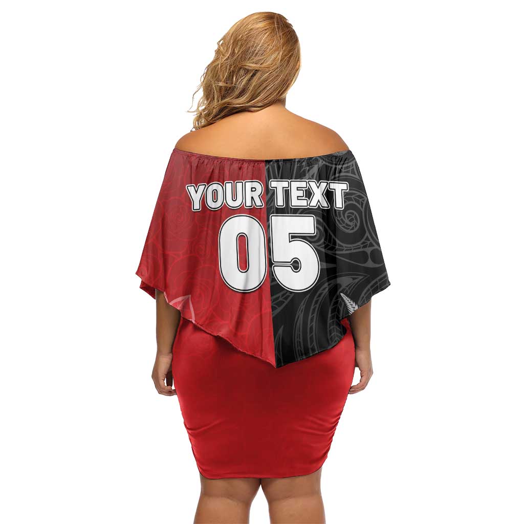 New Zealand And England Rugby Custom Off Shoulder Short Dress Red Rose Mix Maori Pattern - Wonder Print Shop