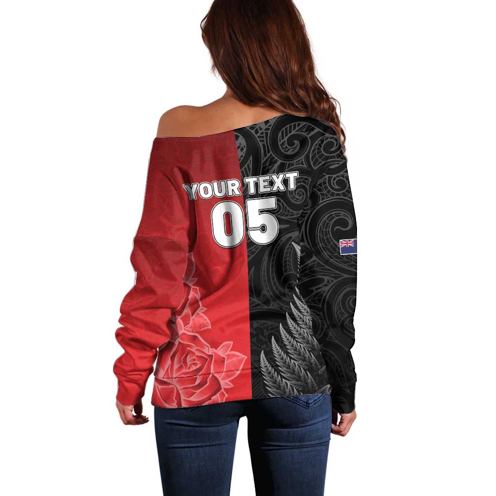 New Zealand And England Rugby Custom Off Shoulder Sweater Red Rose Mix Maori Pattern - Wonder Print Shop
