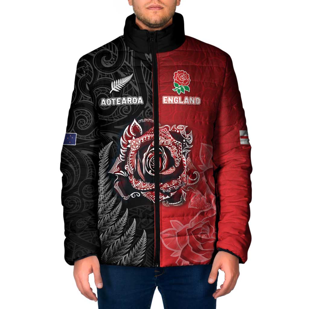 New Zealand And England Rugby Custom Padded Jacket Red Rose Mix Maori Pattern - Wonder Print Shop