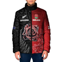New Zealand And England Rugby Custom Padded Jacket Red Rose Mix Maori Pattern - Wonder Print Shop
