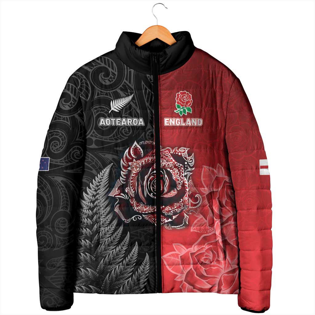 New Zealand And England Rugby Custom Padded Jacket Red Rose Mix Maori Pattern - Wonder Print Shop