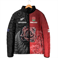 New Zealand And England Rugby Custom Padded Jacket Red Rose Mix Maori Pattern - Wonder Print Shop