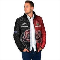 New Zealand And England Rugby Custom Padded Jacket Red Rose Mix Maori Pattern - Wonder Print Shop
