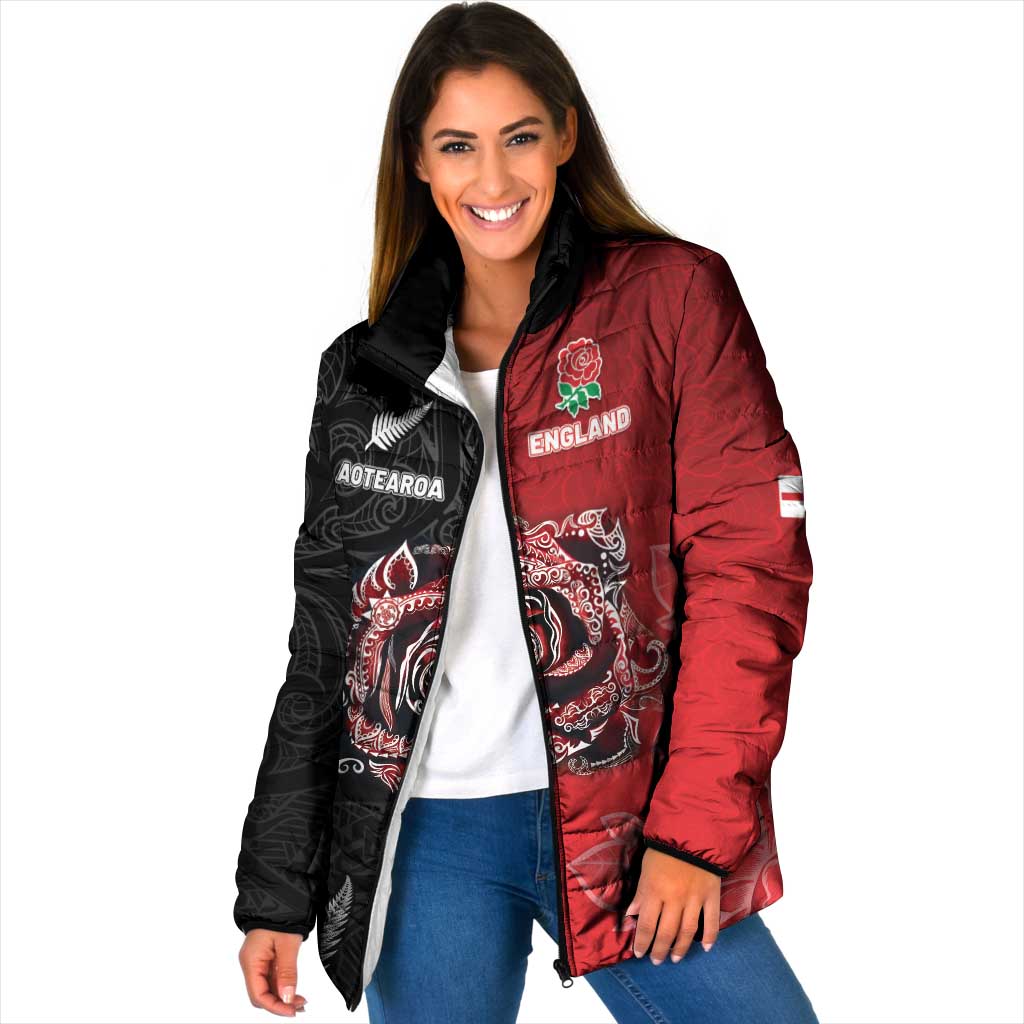 New Zealand And England Rugby Custom Padded Jacket Red Rose Mix Maori Pattern - Wonder Print Shop