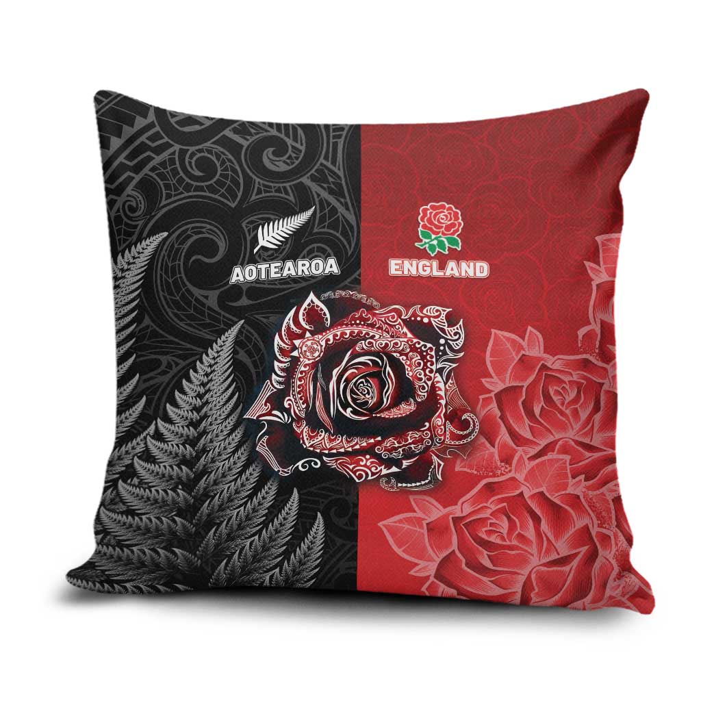 New Zealand And England Rugby Pillow Cover Red Rose Mix Maori Pattern - Wonder Print Shop