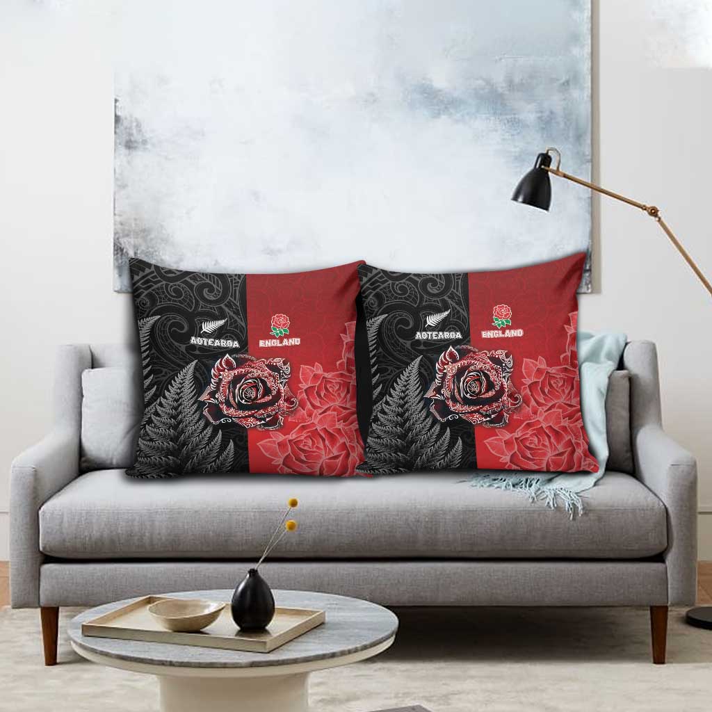 New Zealand And England Rugby Pillow Cover Red Rose Mix Maori Pattern - Wonder Print Shop