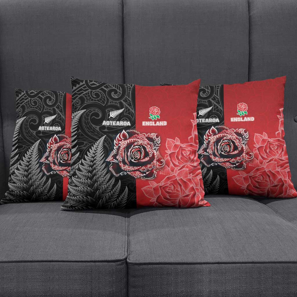 New Zealand And England Rugby Pillow Cover Red Rose Mix Maori Pattern - Wonder Print Shop