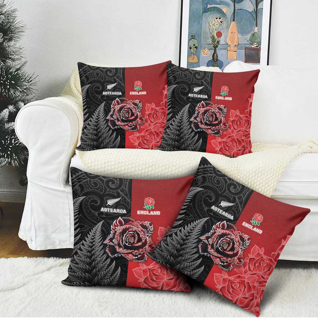 New Zealand And England Rugby Pillow Cover Red Rose Mix Maori Pattern - Wonder Print Shop