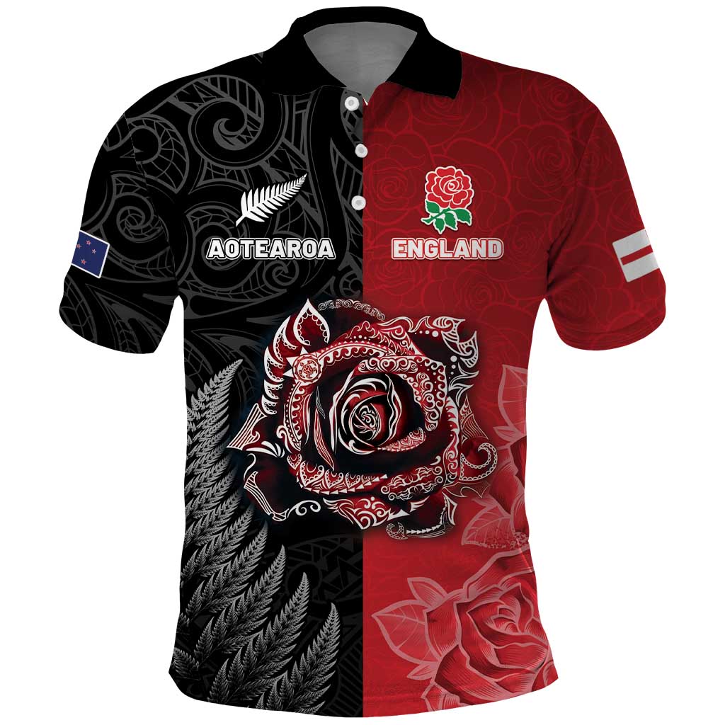 New Zealand And England Rugby Custom Polo Shirt Red Rose Mix Maori Pattern - Wonder Print Shop
