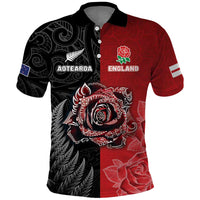 New Zealand And England Rugby Custom Polo Shirt Red Rose Mix Maori Pattern - Wonder Print Shop