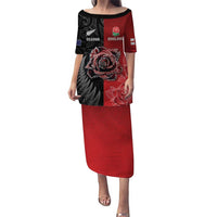 New Zealand And England Rugby Custom Puletasi Red Rose Mix Maori Pattern - Wonder Print Shop