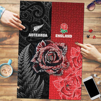 New Zealand And England Rugby Puzzle Red Rose Mix Maori Pattern - Wonder Print Shop
