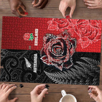 New Zealand And England Rugby Puzzle Red Rose Mix Maori Pattern - Wonder Print Shop