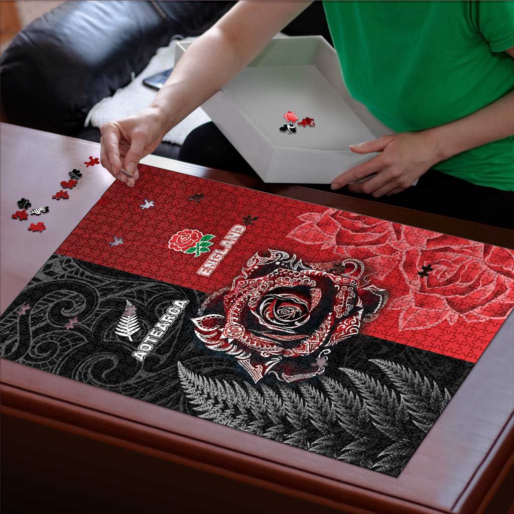New Zealand And England Rugby Puzzle Red Rose Mix Maori Pattern - Wonder Print Shop