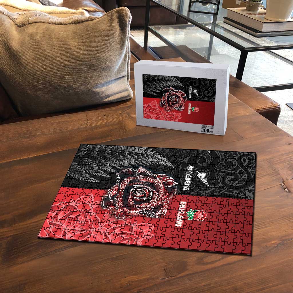 New Zealand And England Rugby Puzzle Red Rose Mix Maori Pattern - Wonder Print Shop