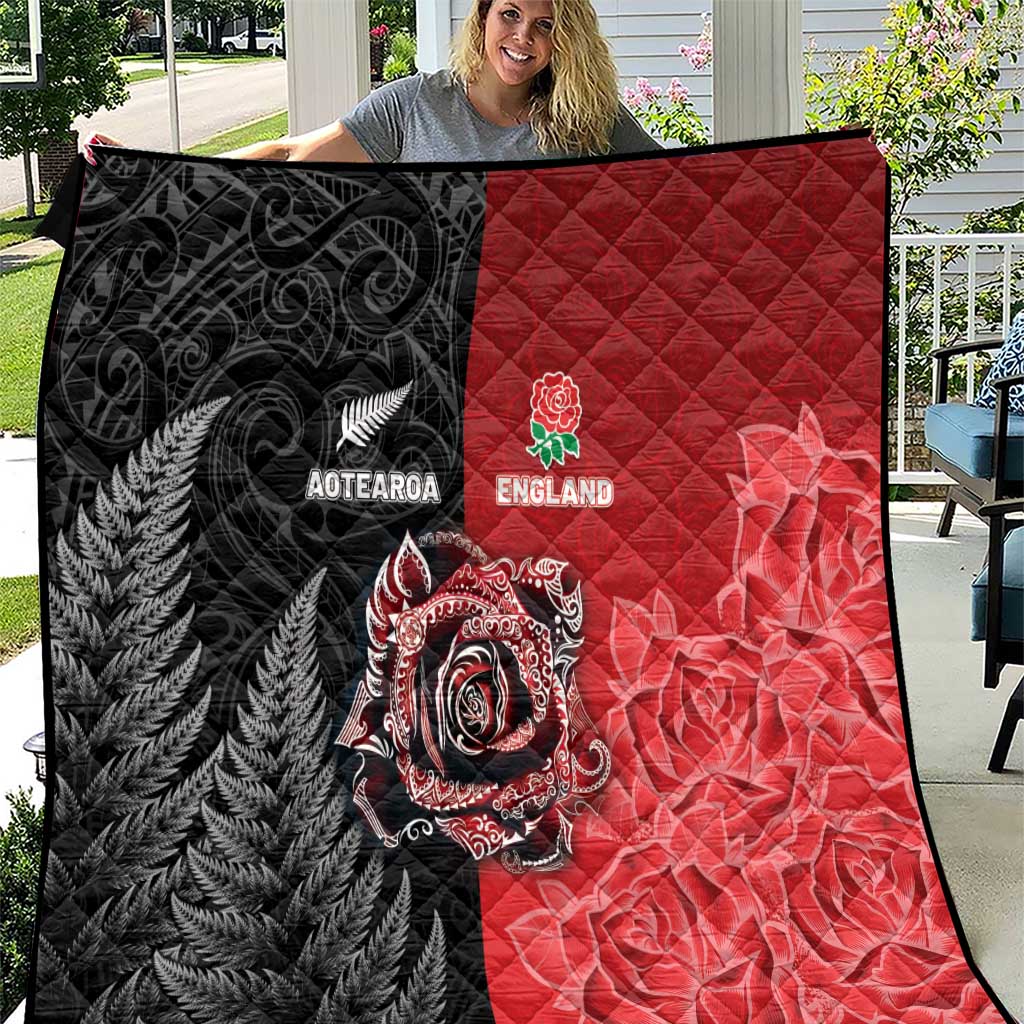 New Zealand And England Rugby Quilt Red Rose Mix Maori Pattern - Wonder Print Shop
