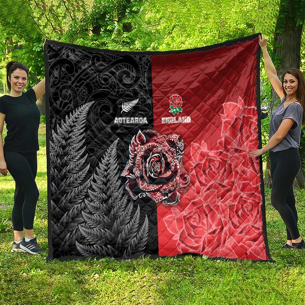 New Zealand And England Rugby Quilt Red Rose Mix Maori Pattern - Wonder Print Shop