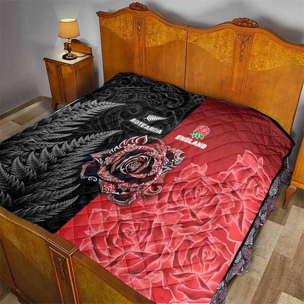 New Zealand And England Rugby Quilt Red Rose Mix Maori Pattern - Wonder Print Shop