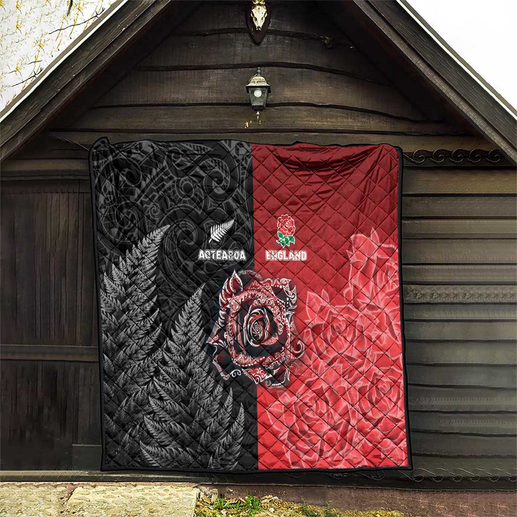 New Zealand And England Rugby Quilt Red Rose Mix Maori Pattern - Wonder Print Shop