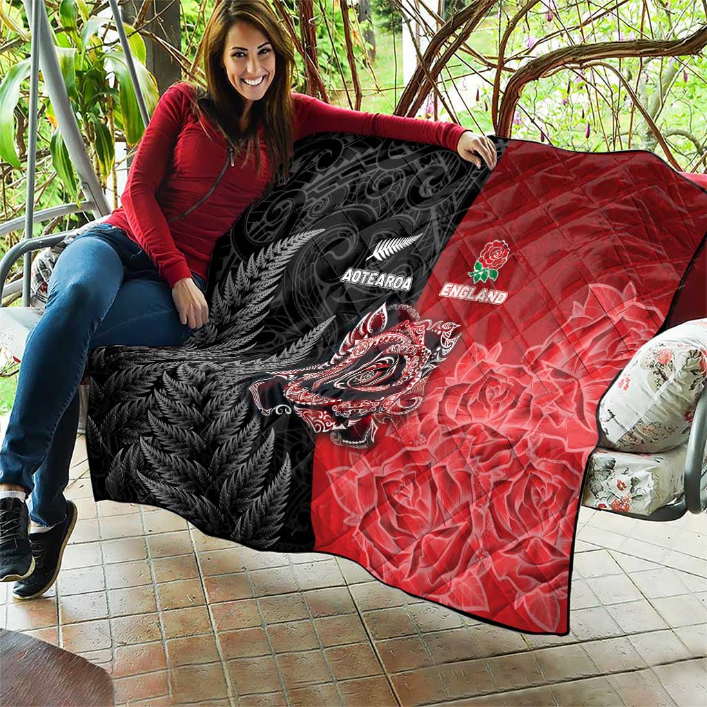 New Zealand And England Rugby Quilt Red Rose Mix Maori Pattern - Wonder Print Shop