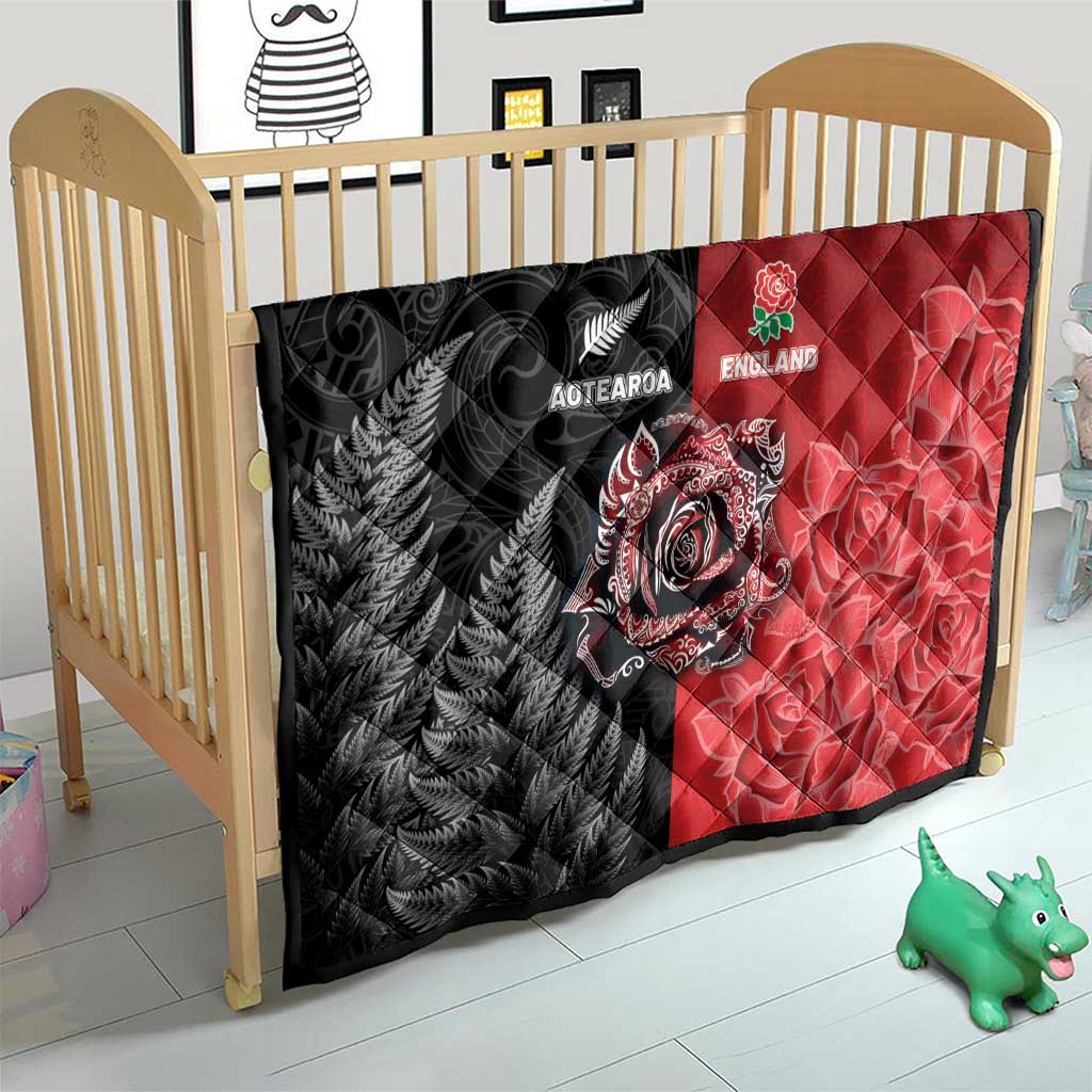 New Zealand And England Rugby Quilt Red Rose Mix Maori Pattern - Wonder Print Shop