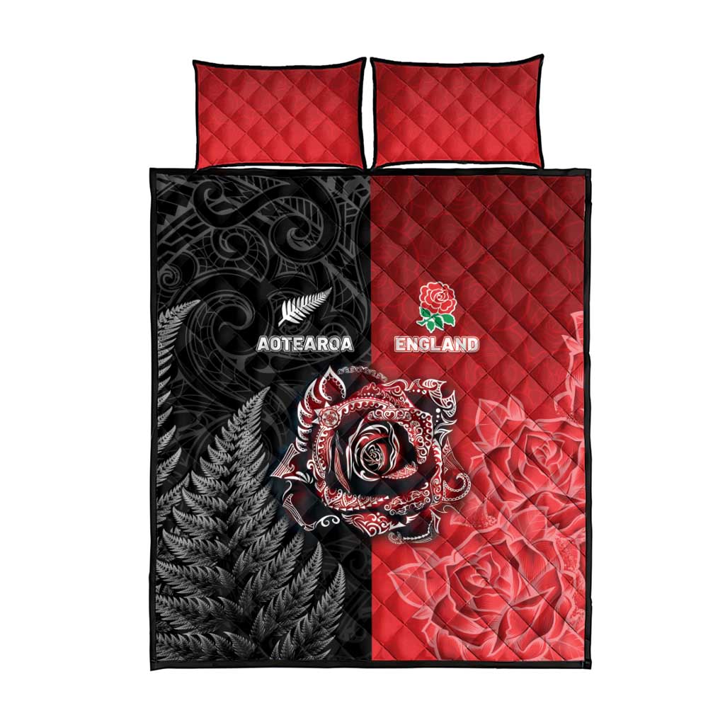 New Zealand And England Rugby Quilt Bed Set Red Rose Mix Maori Pattern - Wonder Print Shop