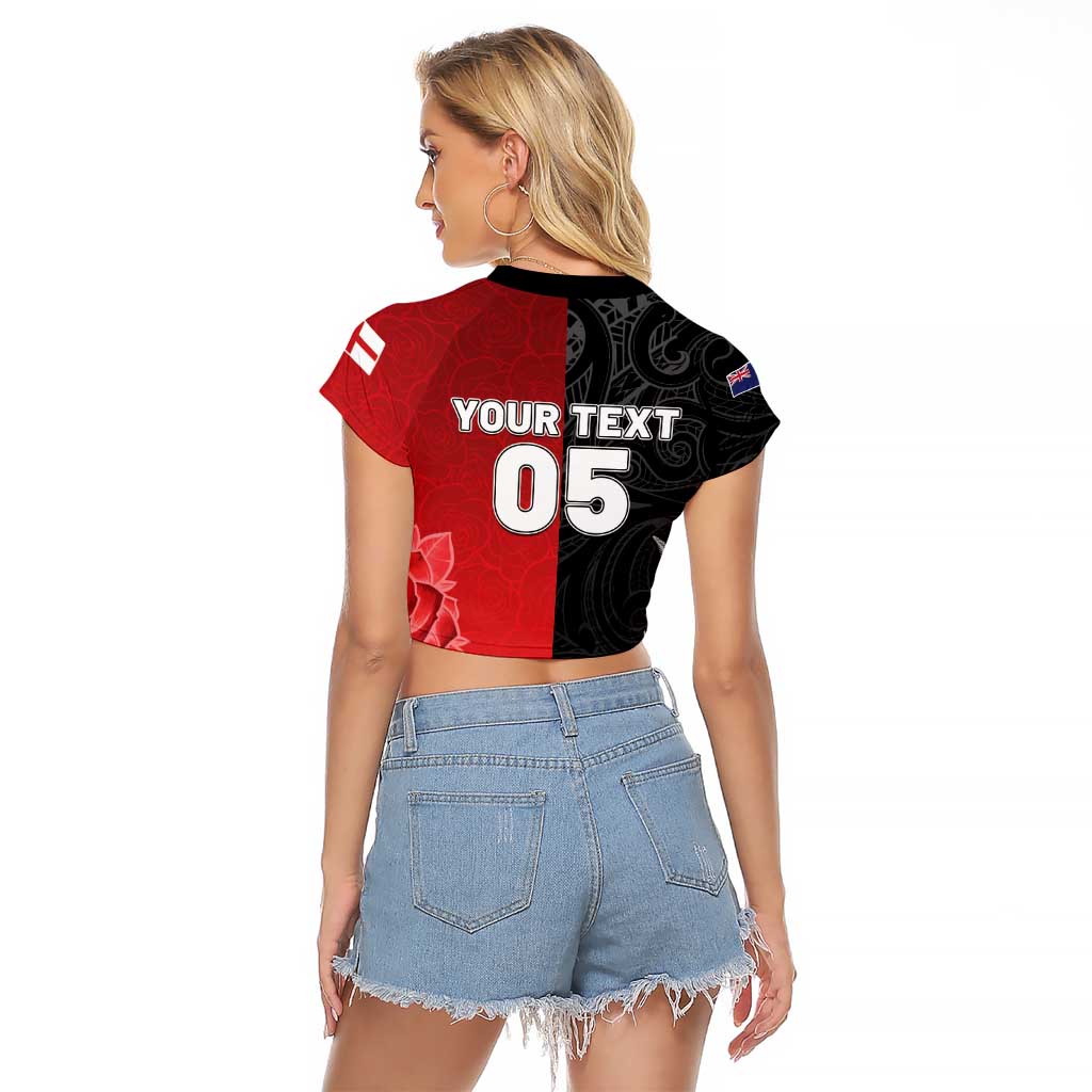 New Zealand And England Rugby Custom Raglan Cropped T Shirt Red Rose Mix Maori Pattern - Wonder Print Shop