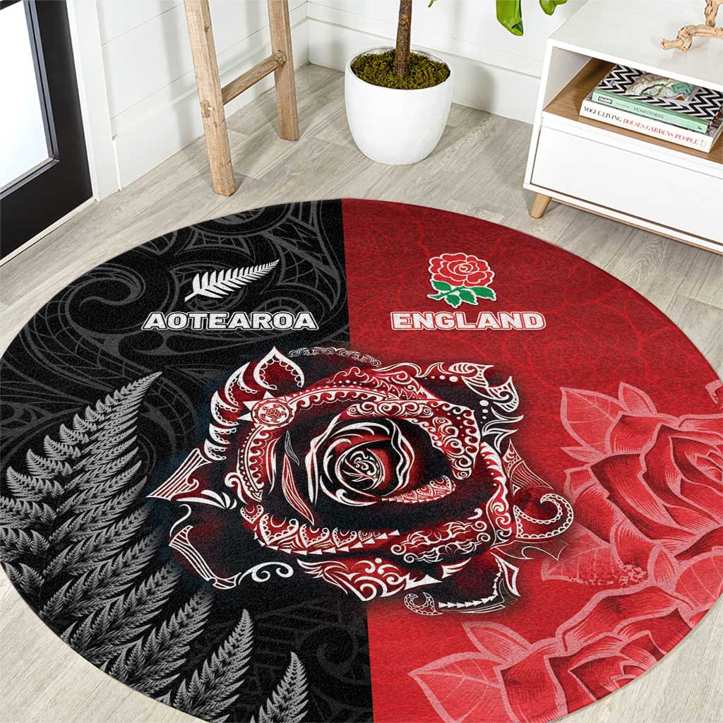 New Zealand And England Rugby Round Carpet Red Rose Mix Maori Pattern - Wonder Print Shop