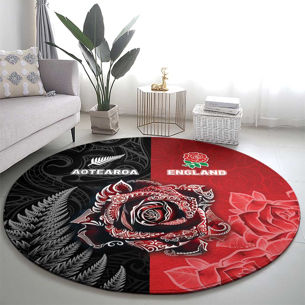 New Zealand And England Rugby Round Carpet Red Rose Mix Maori Pattern - Wonder Print Shop