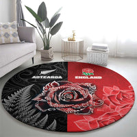 New Zealand And England Rugby Round Carpet Red Rose Mix Maori Pattern - Wonder Print Shop