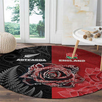 New Zealand And England Rugby Round Carpet Red Rose Mix Maori Pattern - Wonder Print Shop