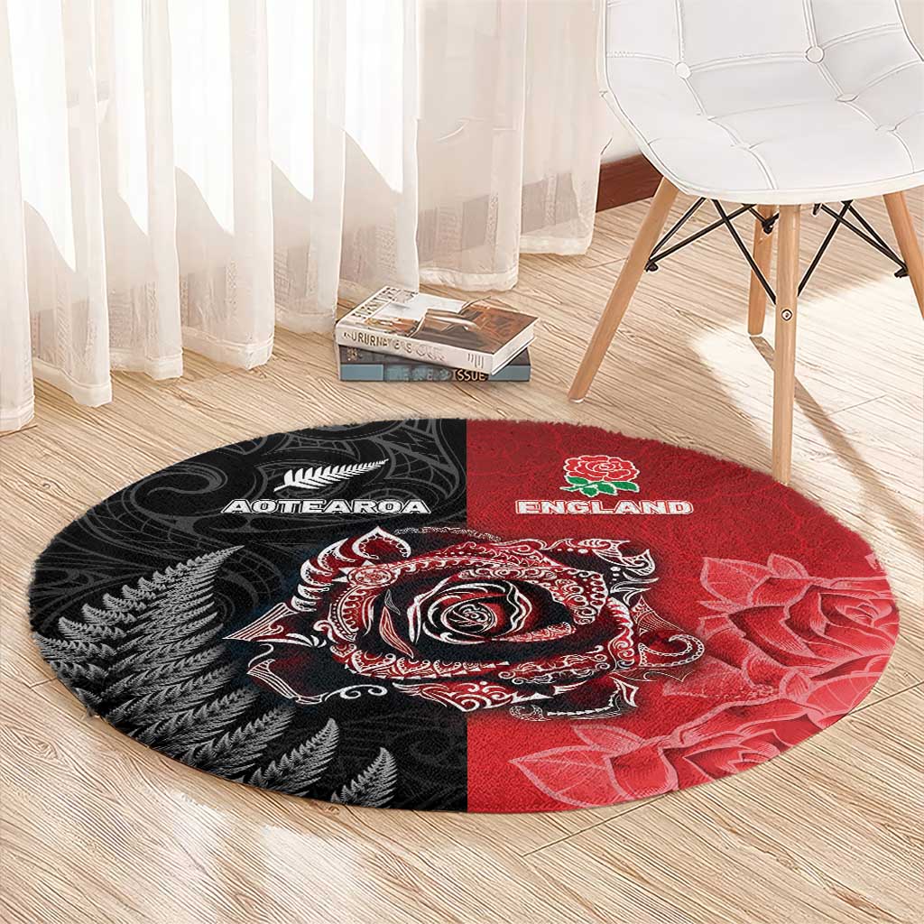 New Zealand And England Rugby Round Carpet Red Rose Mix Maori Pattern - Wonder Print Shop
