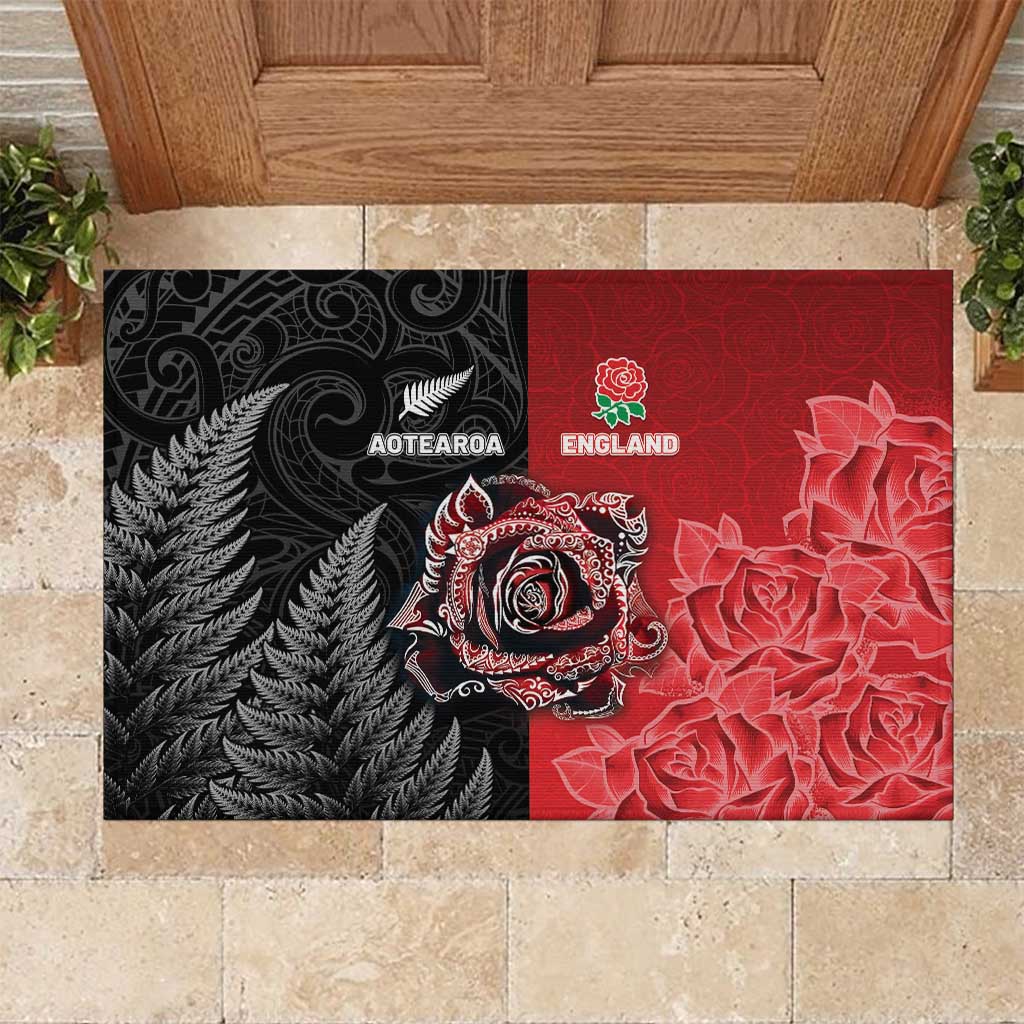 New Zealand And England Rugby Rubber Doormat Red Rose Mix Maori Pattern - Wonder Print Shop